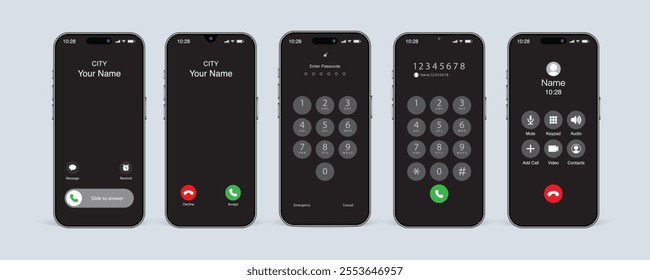 Incoming Call, Slide to Answer, and Unlock Screen. Smartphone Calling App Interface Vector Illustration.