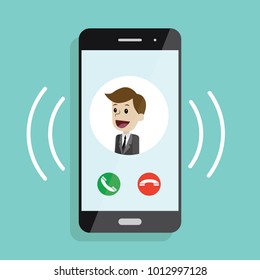 Incoming Call. Smartphone With Call Screen With Man. Ready For Answer Concept. Modern Flat Design Graphic Elements And Objects For Business. Vector Illustration