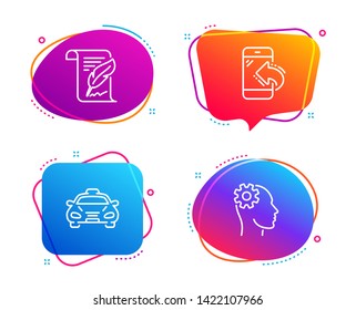 Incoming call, Taxi and Feather icons simple set. Engineering sign. Phone support, Public transportation, Copyright page. Cogwheel head. Business set. Speech bubble incoming call icon. Vector