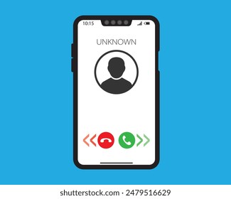 Incoming call from unknown in flat style vector. Screen, phone, mobile, interface, incoming, unknown, telephone, technology, cellphone, caller, call. Can use for banner, web design, poster.