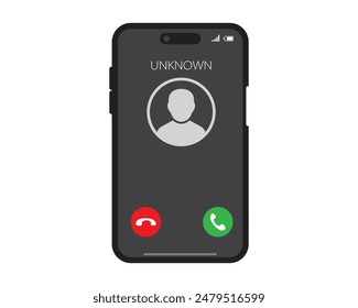 Incoming call from unknown interface in phone screen vector. Screen, unknown, call, phone, mobile, interface, caller. Can use for banner, web design, poster. Vector isolated on white background. 