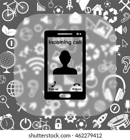 Incoming call vector icon - matte glass button on background consisting of  different icons