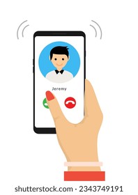 Incoming call vector phone mobile flat video screen icon. Business incoming call mobile smartphone hold in hand