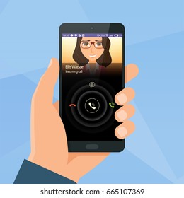 Incoming call via mobile application on smartphone. Hand hold a phone. Vector illustration 