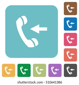Incoming call white flat icons on color rounded square backgrounds