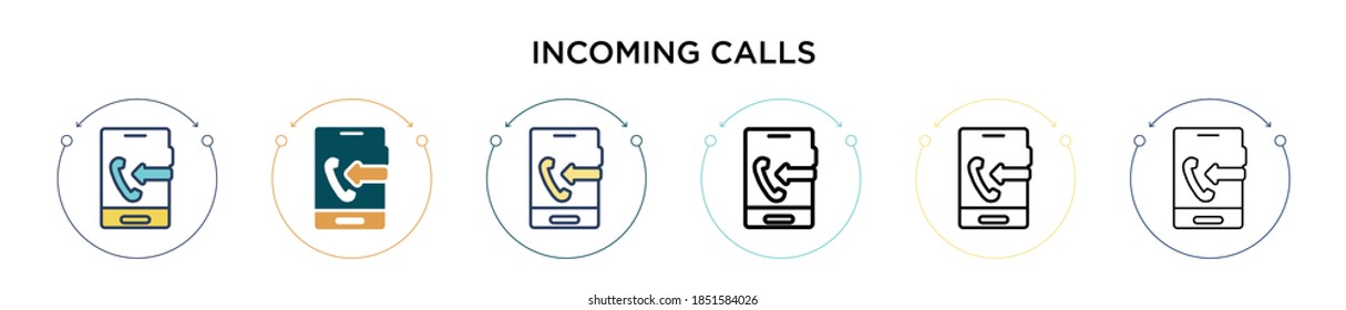 Incoming calls icon in filled, thin line, outline and stroke style. Vector illustration of two colored and black incoming calls vector icons designs can be used for mobile, ui, web