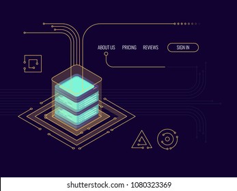 Incoming data flow, bigdata rpocessing concept, server room, cloud storage, database and data cneter icon isometric vector