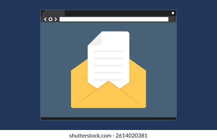 Incoming Email in a browser window. Minimalist flat style illustration depicting yellow envelope with a white document, positioned inside a browser window frame, set against a dark blue background