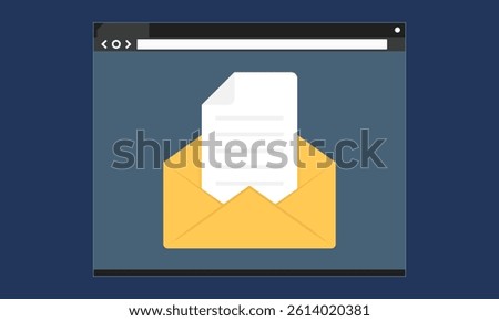 Incoming Email in a browser window. Minimalist flat style illustration depicting yellow envelope with a white document, positioned inside a browser window frame, set against a dark blue background