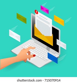 Incoming Email Isometric Vector Concept. Receiving Messages. Laptop With Envelope And Document On A Screen. Email, Email Marketing, Internet Advertising Concepts.