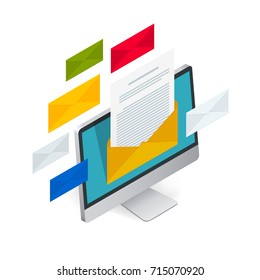 Incoming email isometric vector concept. Receiving messages. Laptop with envelope and document on a screen. Email, email marketing, internet advertising concepts.