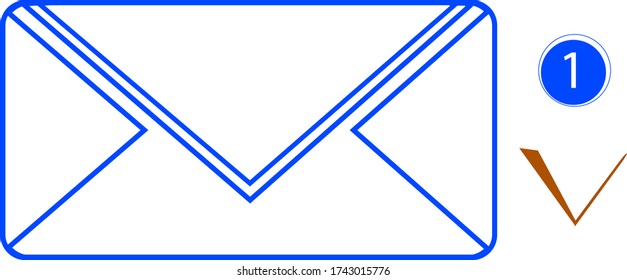 incoming email message. the outline is bright blue. sticker 1, red check mark.isolated on white.vector.