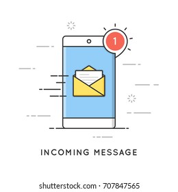 Incoming email notification, new message. Flat line art style concept. Vector banner, icon, illustration. Editable stroke.