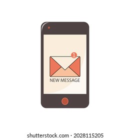 Notificación de correo electrónico entrante en el teléfono móvil en diseño plano. Correo electrónico en el gadget en un fondo blanco. Sobre con la inscripción Nuevo mensaje. Vector.