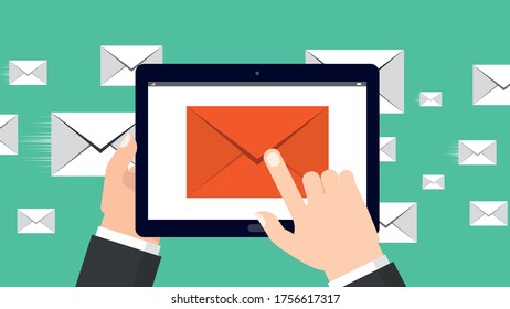 Incoming mail. A man opens an unread letter on a tablet. Vector graphics (EPS 10).