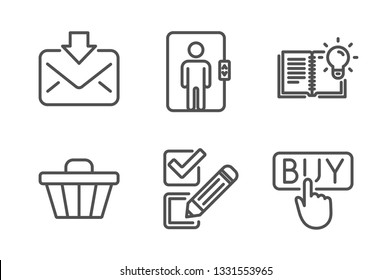 Incoming mail, Shop cart and Elevator icons simple set. Product knowledge, Checkbox and Buying signs. Download message, Web buying. Line incoming mail icon. Editable stroke. Vector
