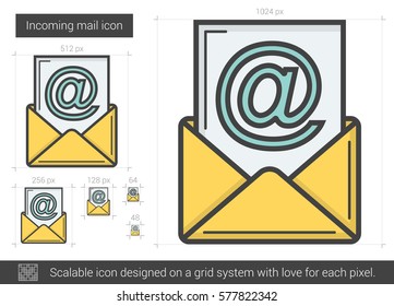 Icono de línea vectorial de correo entrante aislado en fondo blanco. Icono de línea de correo entrante para infografía, sitio web o aplicación. Icono escalable diseñado en un sistema de cuadrícula.