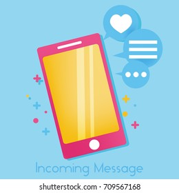 Incoming message. Bright cute phone with icons of messages and likes. Vector flat illustration