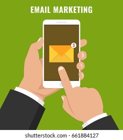 Incoming message concept. Hand hold smartphone with envelope icon, notification on the screen. Email marketing. Flat cartoon style. Vector illustration.