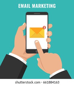 Incoming message concept. Hand hold smartphone with envelope icon, notification on the screen. Email marketing. Flat cartoon style. Vector illustration.