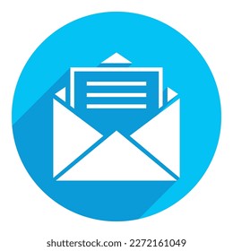 Incoming message or e-mail. flat icon. long shadow design. blue background.