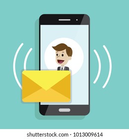 Incoming message or email. Smartphone with sms screen with man. Modern flat design graphic elements and objects for business. Vector illustration