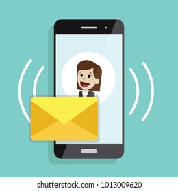 Incoming message or email. Smartphone with sms screen with women. Modern flat design graphic elements and objects for business. Vector illustration
