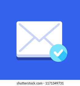 Incoming message icon with check mark, notification. Vector illustration, isolated.