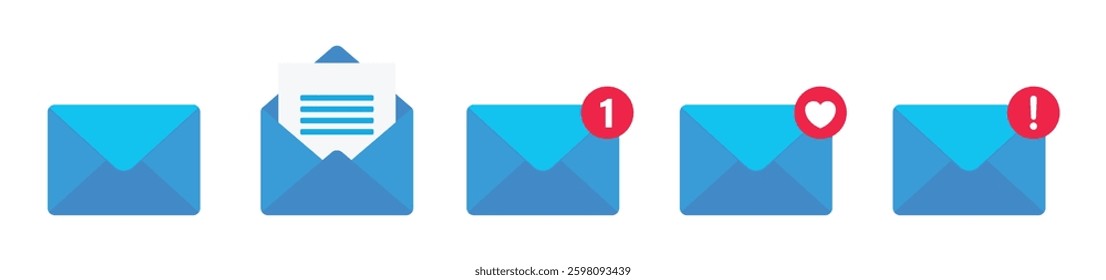 Incoming message icon set in blue color. Notification, message or email vector icon set isolated on white background. Envelope message icon collection. Incoming message notification vector icons.