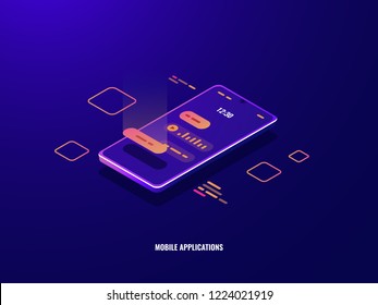Isometrio mit eintreffenden Nachrichten, Mobiltelefon mit Chat-Dialog auf dem Bildschirm, Sprachnachricht senden dunkle Neonvektorgrafik