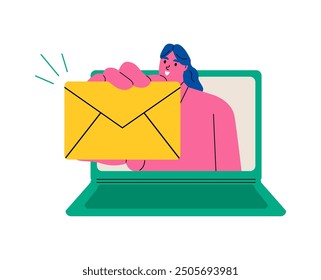 Incoming message. Laptop business woman with a letter. Flat vector illustration isolated on white background
