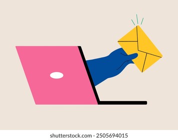 Incoming message. Laptop hand with a letter. Colorful vector illustration
