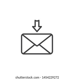 Incoming message line icon. Envelope with arrow down linear style sign for mobile concept and web design. Download mail, email outline vector icon. Symbol, logo illustration. Vector graphics