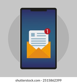 Incoming message notification icon. New email alert. Smartphone screen with envelope. Bright notification symbol.