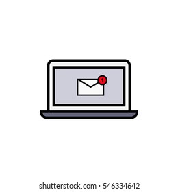 Incoming message sign on the screen of the laptop flat outline icon