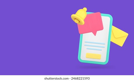 Alerta de sonido de mensaje entrante consejos rápidos App de smartphone icono 3d Ilustración vectorial realista. aviso de timbre Electrónica boletín de noticias buzón de correo carta de chat aviso de llamada aviso de teléfono móvil aviso de alarma