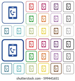 Incoming mobile call color flat icons in rounded square frames. Thin and thick versions included.