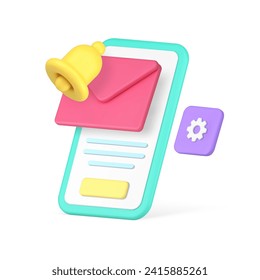 Incoming new message reminder inbox email smartphone application 3d icon realistic vector illustration. Electronic mail messaging mailbox web notification mobile phone app communication technology