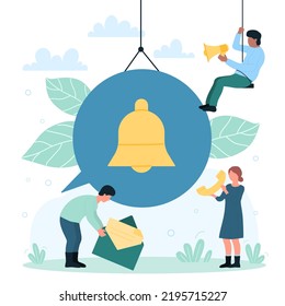 Incoming notification messages in mobile apps and tiny people. Cartoon man holding megaphone to announce news, woman with phone, warning bell in bubble flat vector illustration. Attention concept