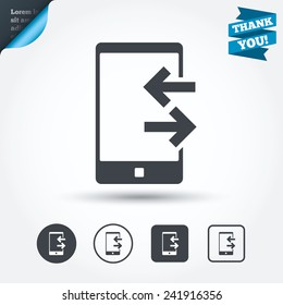 Incoming and outcoming calls sign icon. Smartphone symbol. Circle and square buttons. Flat design set. Thank you ribbon. Vector
