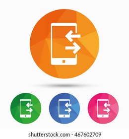 Incoming and outcoming calls sign icon. Smartphone symbol. Triangular low poly button with flat icon. Vector