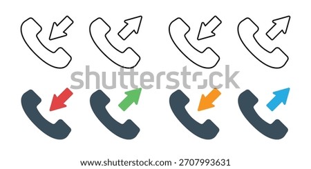 Incoming and Outgoing Call Icon Set Vector. Phone Receiver Symbols with Arrows for Communication History and Contact Status.