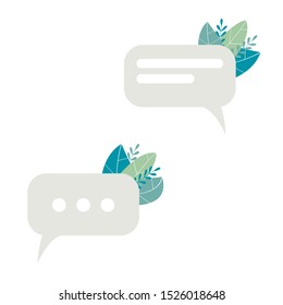 Incoming and outgoing eco chat bubbles with leaves. Talk minimal bio bubble with foliage. The frame with 3 messeges dots and 2 speak absract lines. Vector illustration. 