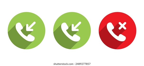 Incoming, outgoing, and missed call phone icon with long shadow