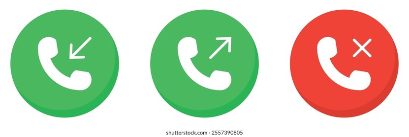 Incoming, outgoing, and missed call vector icon set green and red color. Phone call receive icons sign symbol. Collection of buttons for the phone call users. Vector illustration.