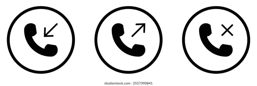 Incoming, outgoing, and missed call vector icon set with black color outline style. Phone call receive icons sign symbol isolated. Collection of buttons for the phone call users. Vector illustration.