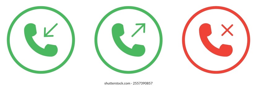 Incoming, outgoing, and missed call vector icon set with green and red color outline style. Phone call receive icons sign isolated. Collection of buttons for the phone call users. Vector illustration.