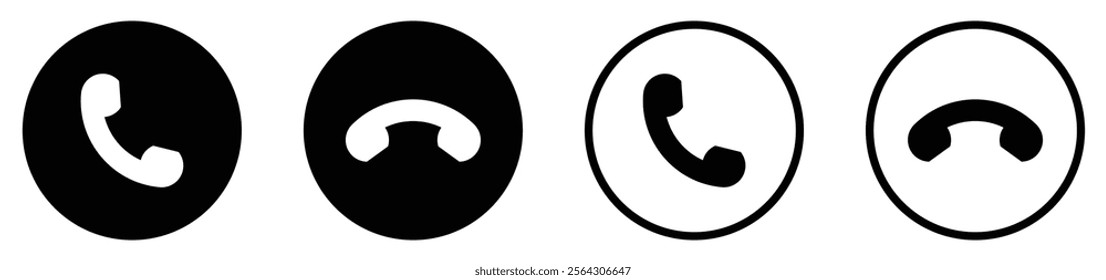 Incoming or outgoing phone call sign symbol isolated. Phone call icon answer, accept and decline call icons buttons black color. Flat design. Vector illustration.