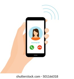 Incoming Phone Call. Holding Smart Phone On Hand. Vector Illustration. 