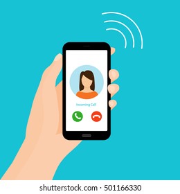 Incoming phone call. Holding smart phone on hand. Vector Illustration. 